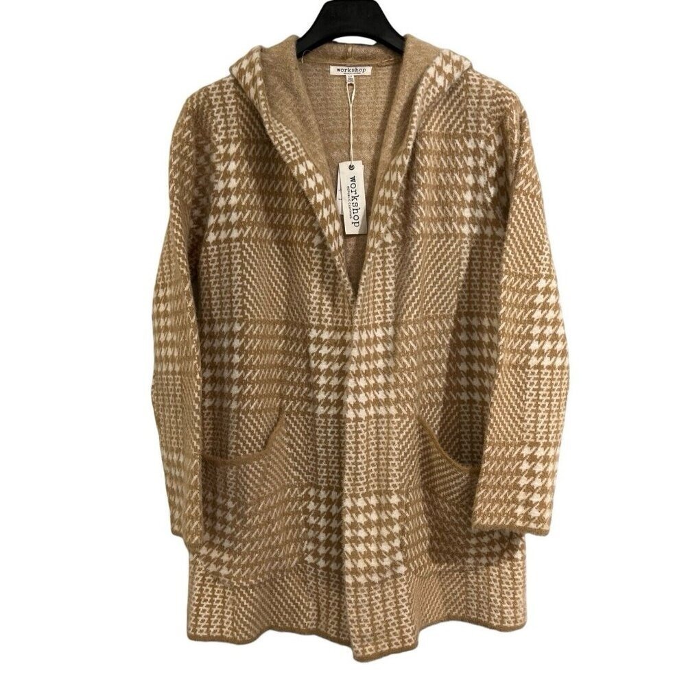 Workshop Cardigan Womens SP Beige Patchwork Houndstooth Open Front Hooded‎ Comfy
